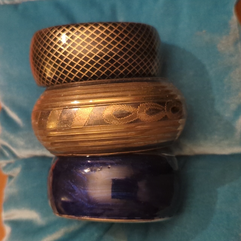 Bracelet trio - 3 bangles, metal enamel and vegan leather, EUC